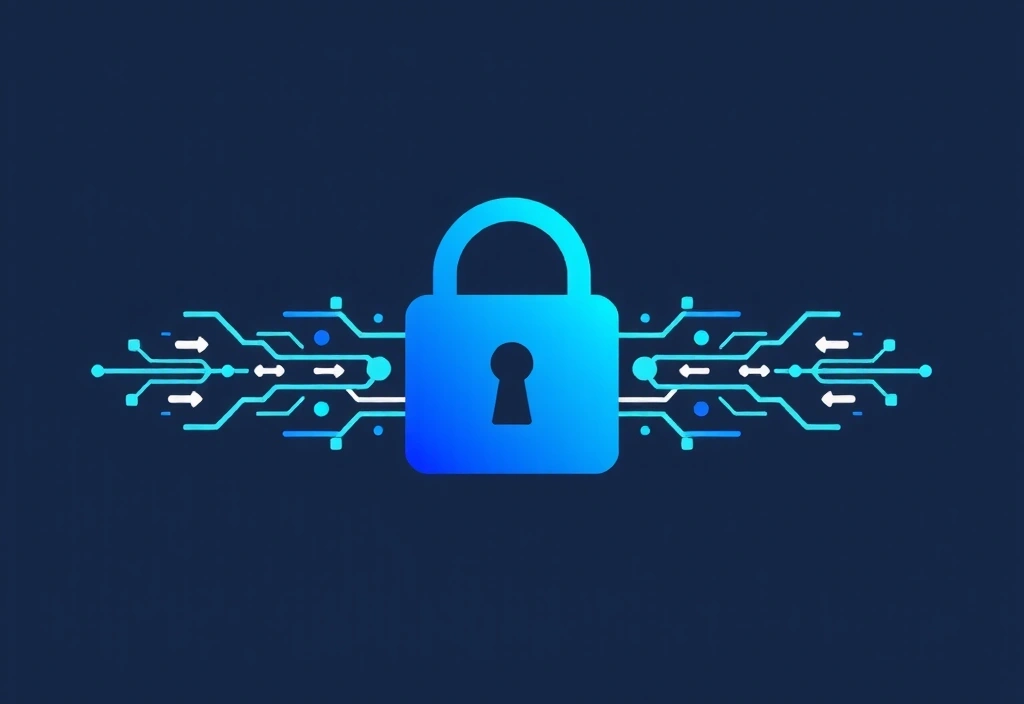 Stylized lock icon representing data security with abstract data flow