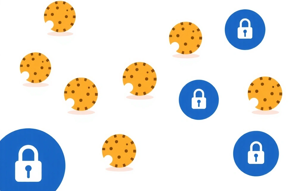 Illustration von Cookies als kleine Kekse und Datenschutz-Symbolen
