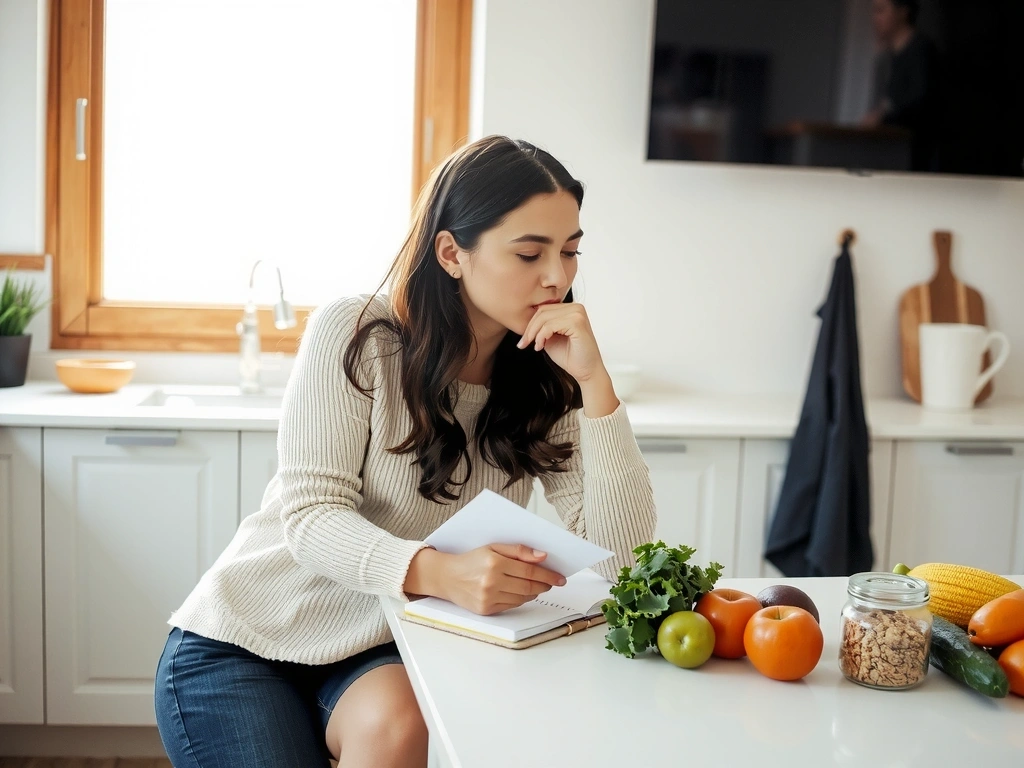 A person thoughtfully planning their meals, surrounded by healthy ingredients and a notebook.