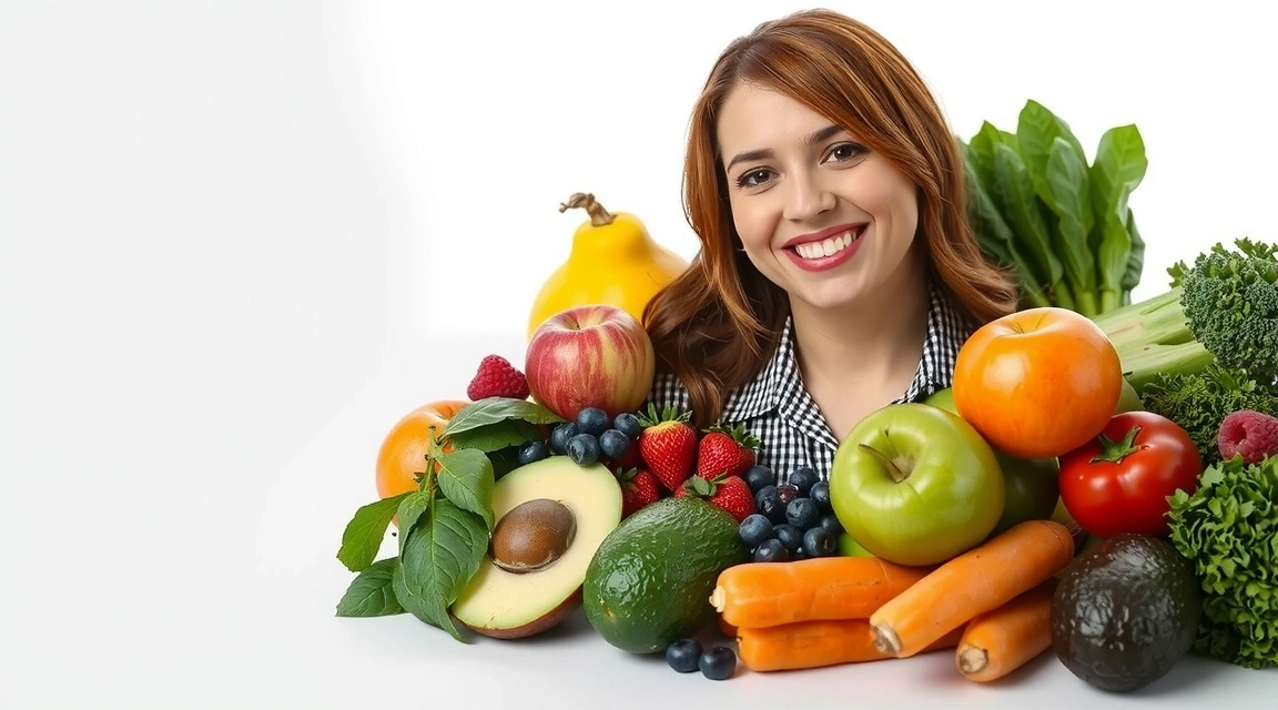 Professional nutritionist smiling, surrounded by fresh fruits and vegetables.